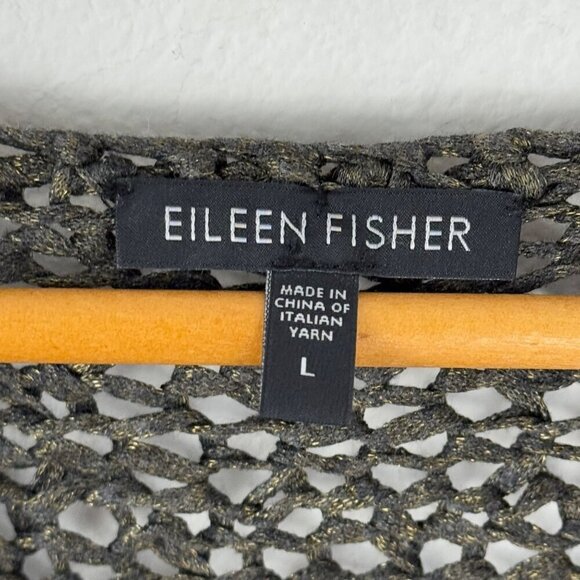 Eileen Fisher Brown Gold Metallic Open Knit Sweater V Neck Sz Lg EUC All Seasons - Picture 4 of 6